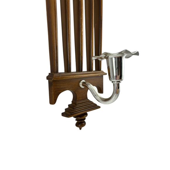 Pair of Vintage 1978 Burwood Wall Candle Sconces Silver Holders and Wood Accents - Picture 4 of 16